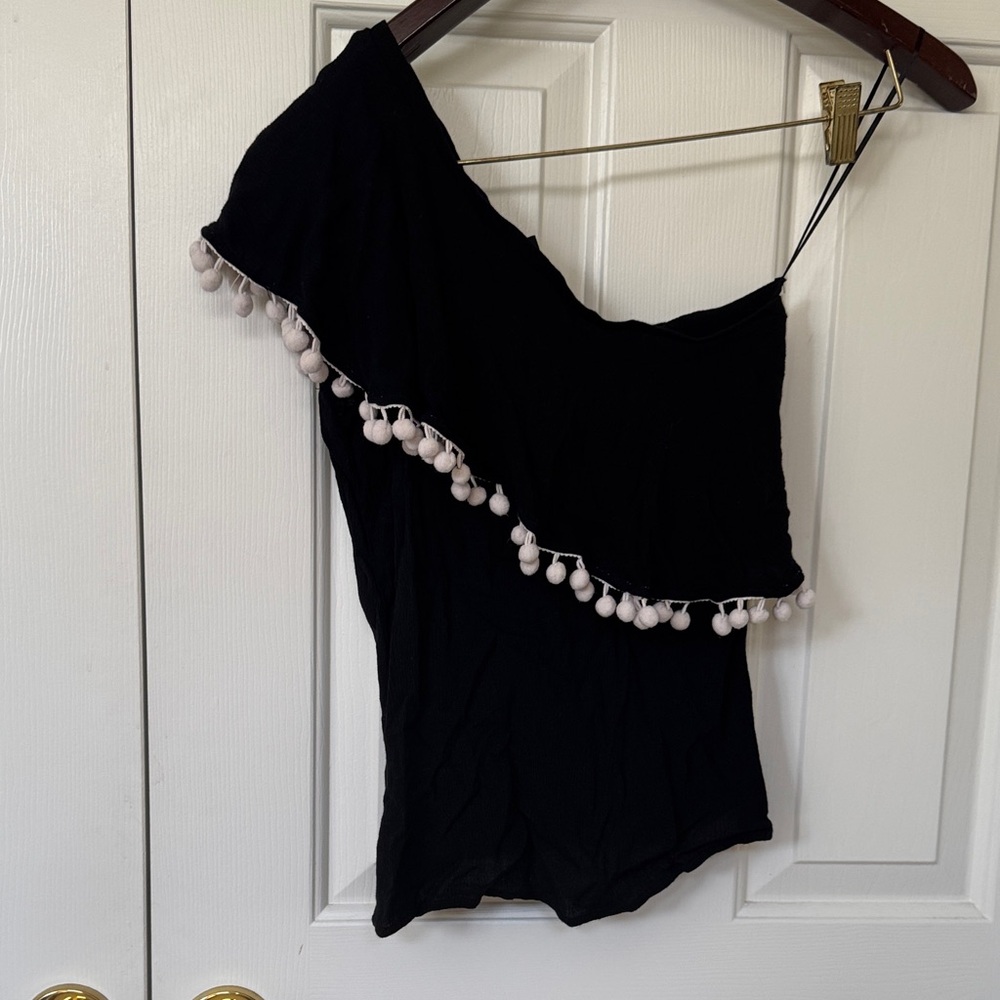 Black One-Shoulder Pom-Pom Trim Blouse